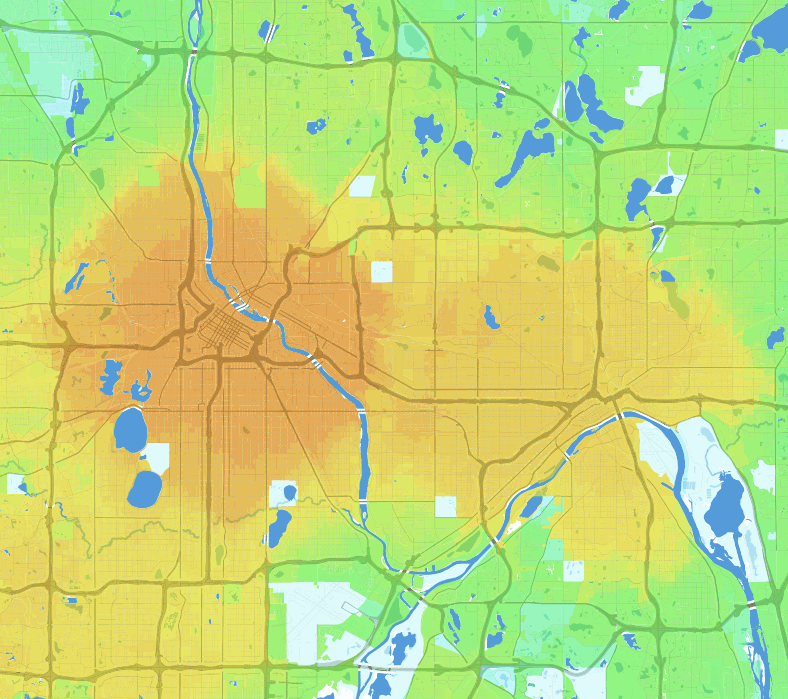 map of Twin Cities bike accessibility, Medium Stress